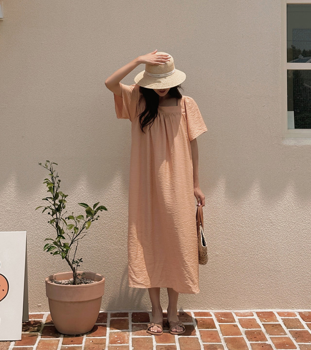 Square neck modal shirring dress