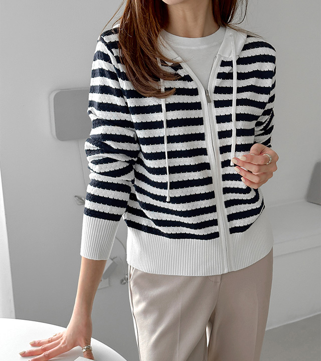 hooded striped zip-up cardigan