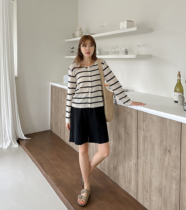 Linen touch striped knit cardigan