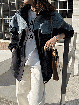 Denim color block hooded safari jumper