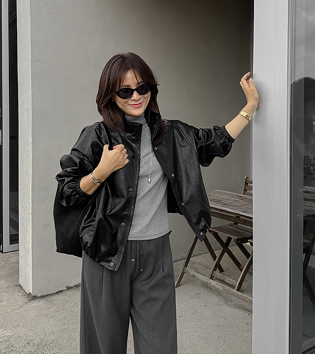 High-neck leather blouson jacket 
