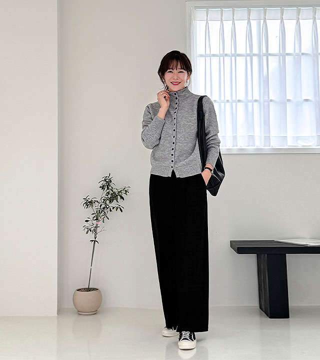 Button high-neck wool cardigan