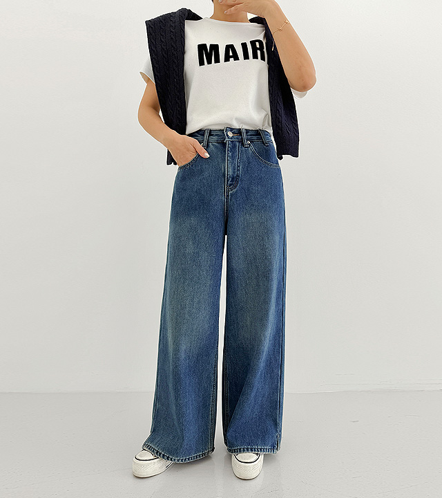 Mid-slit raised fleece wide denim