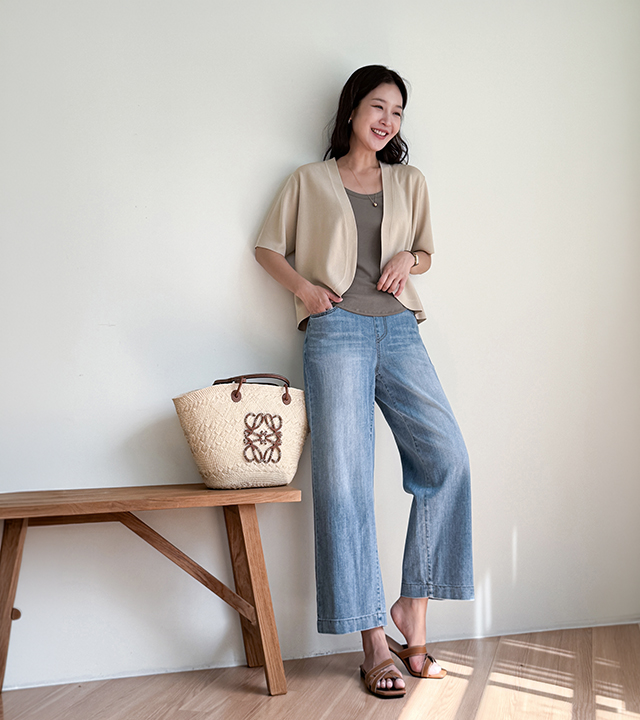 Belly-slimming elastic waistband denim pants