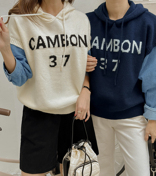 Cambon denim color matching hooded knit