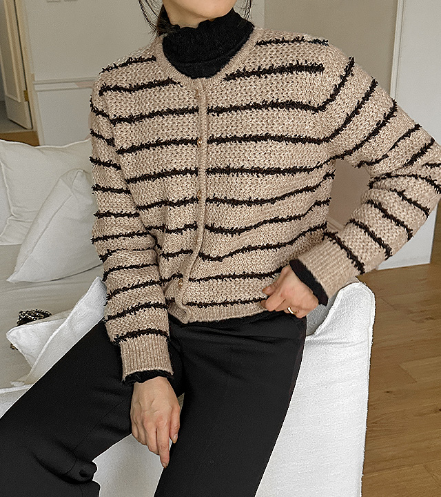 Gold Button Stripe Knit Cardigan