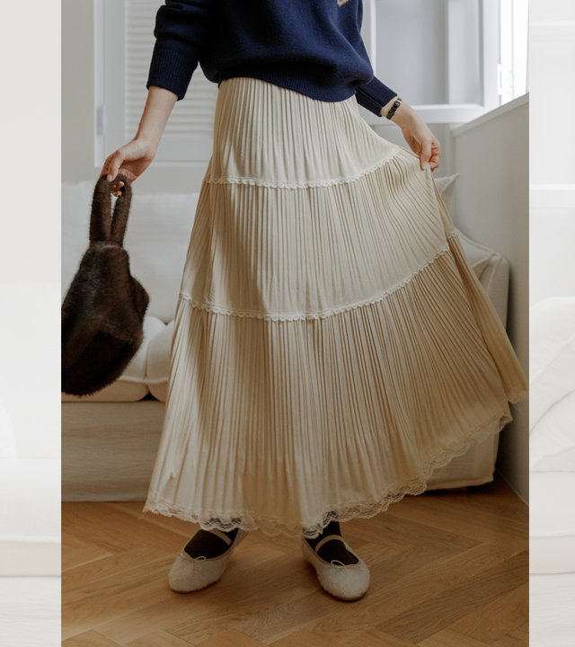 Velvet lace pleated skirt