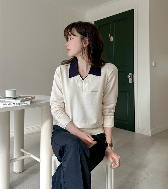 River Shirt Collar Color Block Knit