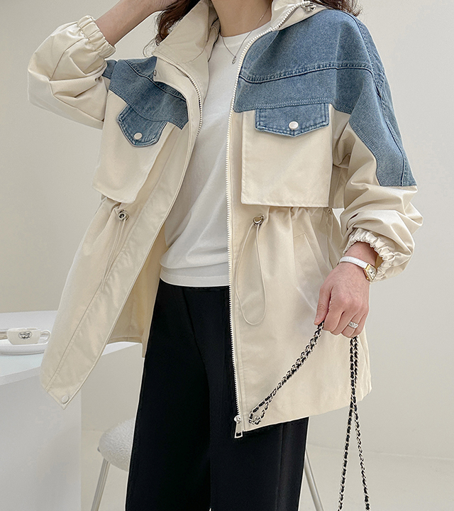 Denim color block hooded safari jumper