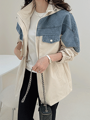 Denim color block hooded safari jumper