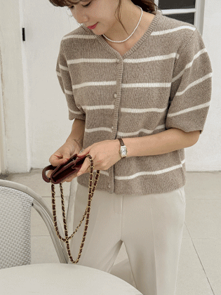 Striped puff short-sleeved cardigan