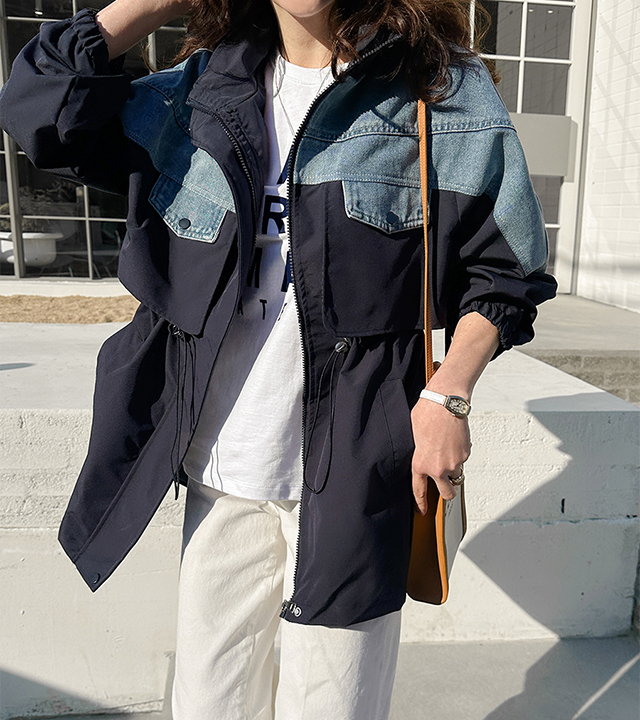 Denim color block hooded safari jumper