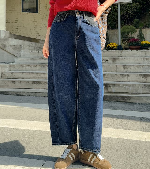 Waist color blocking baggy fit denim