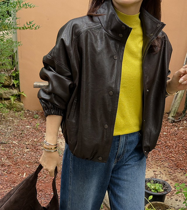 High-neck leather blouson jacket