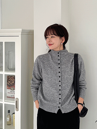 Button high-neck wool cardigan