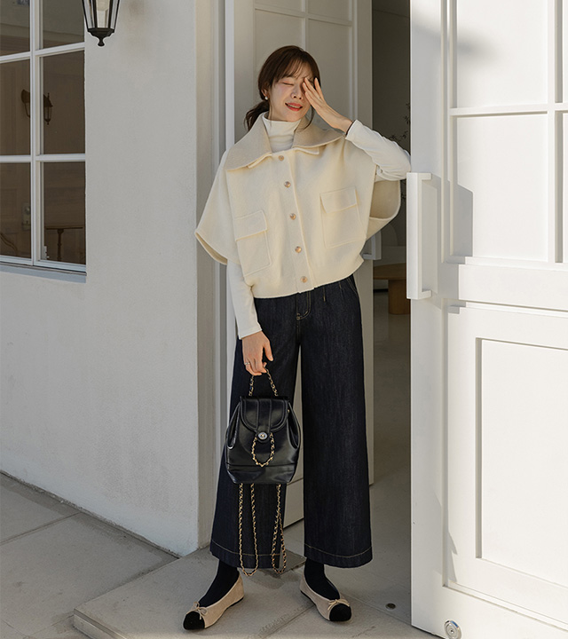 Non-fade fleece wide denim pants