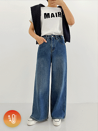 Mid-slit raised fleece wide denim