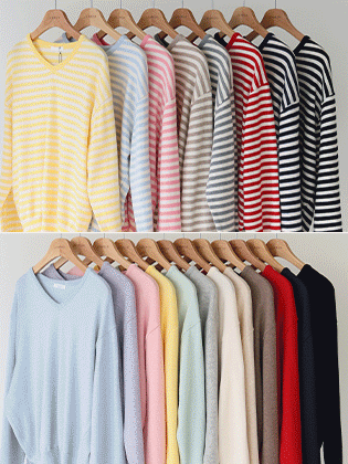 Lollipop V-neck Cotton Knit (2 Types: Striped/Solid)