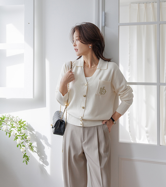 L embroidered silver button cardigan