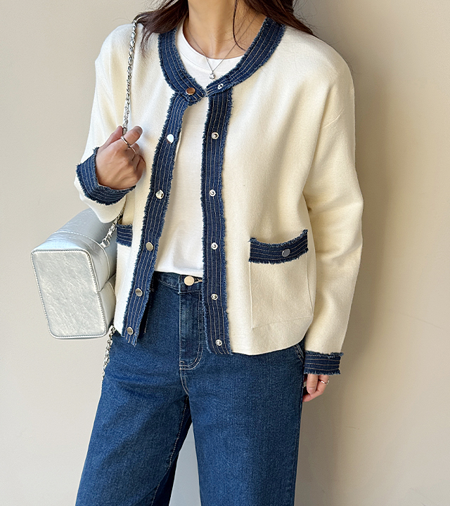 Mauve denim color-block cardigan