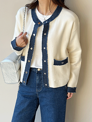 Mauve denim color-block cardigan