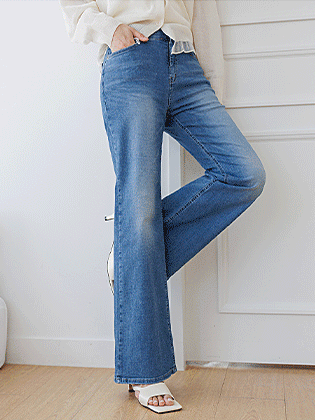 Rib semi-bootcut denim pants