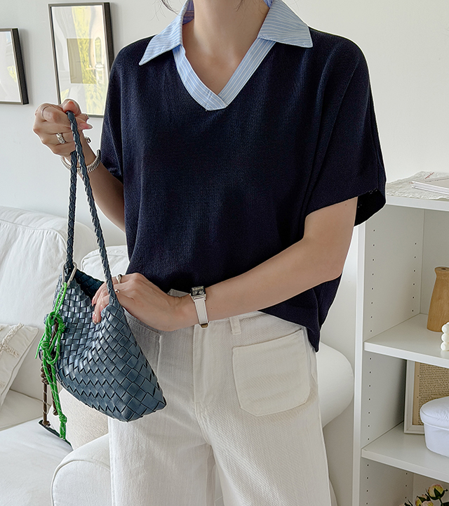 Dissen shirt collar color-block knit