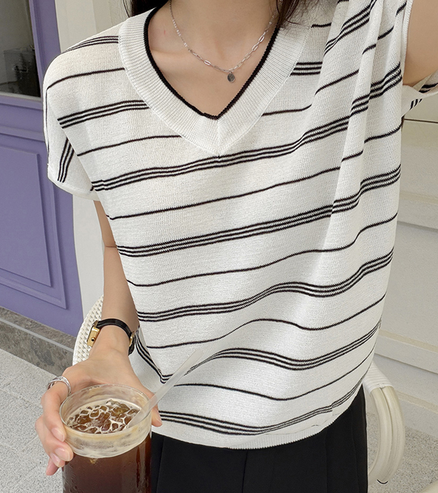 Rosé Striped V-Neck Knit