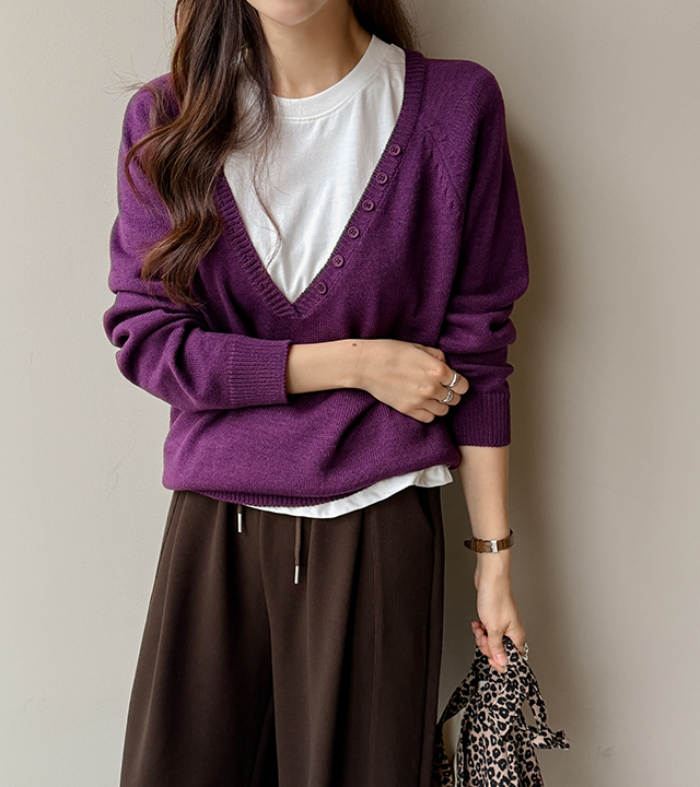 Berry Button Deep V-Neck Knit