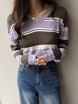 Sena Striped V-Neck Long Sleeve Knit