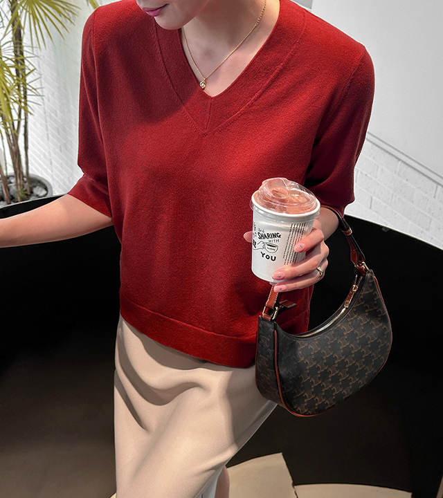 Soft Cashmere 3/4 Sleeve Knit (2 Types: Round Neck / V-Neck)